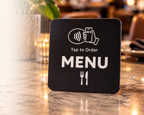 Black Tap to Order menu stand on a marble restaurant table